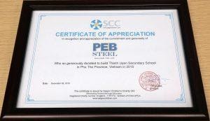 Certificate of acknowledgment of the contribution of PEB Steel to Thanh Uyen Secondary School
